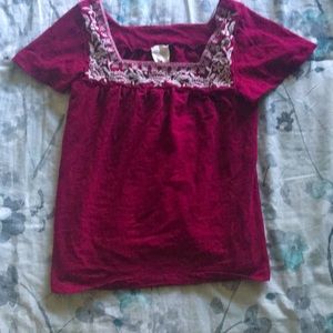 Burgundy square neckline shirt white embroidered.